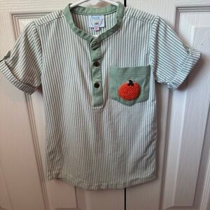 Kids Striped Green Shirt with Pumpkin Patch missing one button